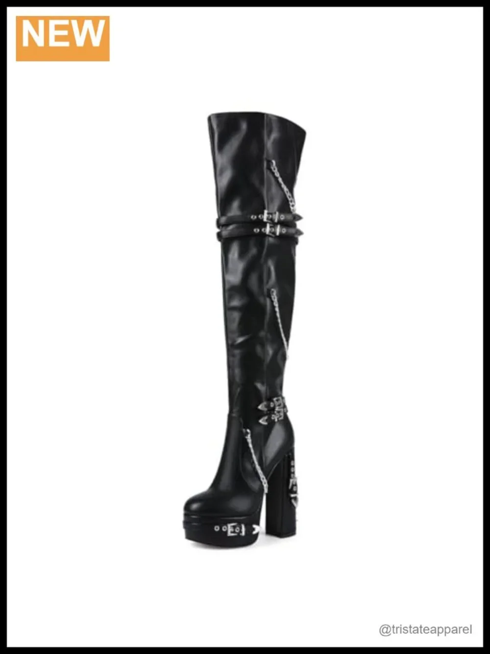 Thigh High Block Heel Boots with Buckle Studded Faux Leather Punk Goth Chunky